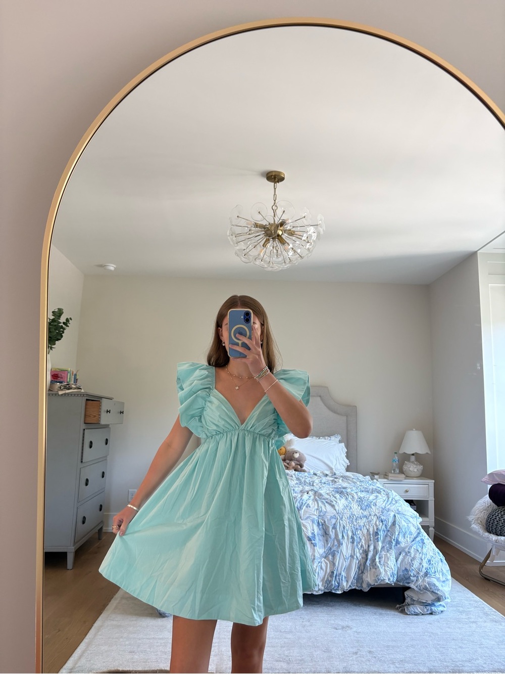 V-Neck Ruffle Mini Dress in Turquoise